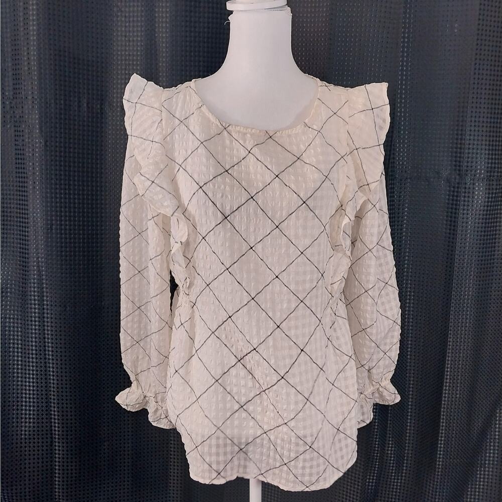 LOFT! CREAM & BLACK PLAID RUFFLE FRONT, ELASTIC WAIST POUF SLEEVE BLOUSE! SZ M